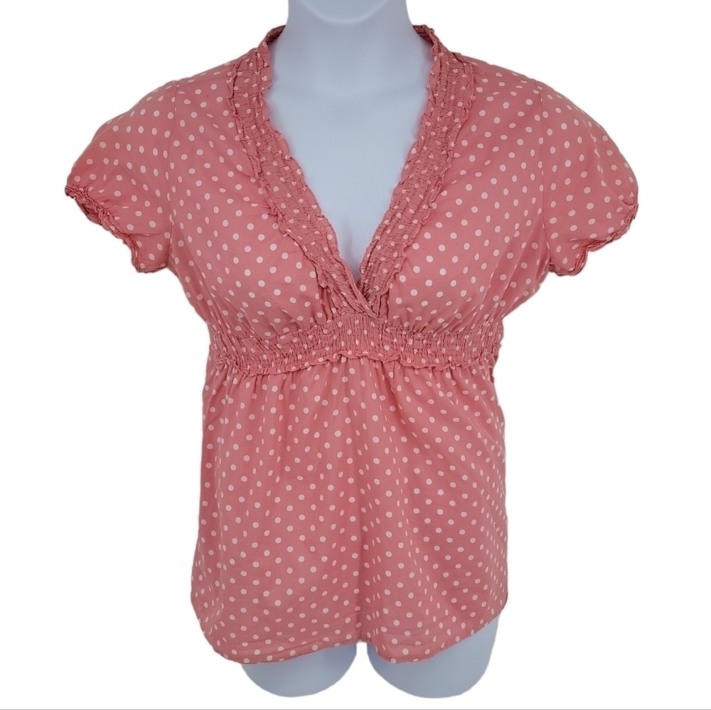 At Last Pink Polkadot CottageCore Blouse‎ Size XL